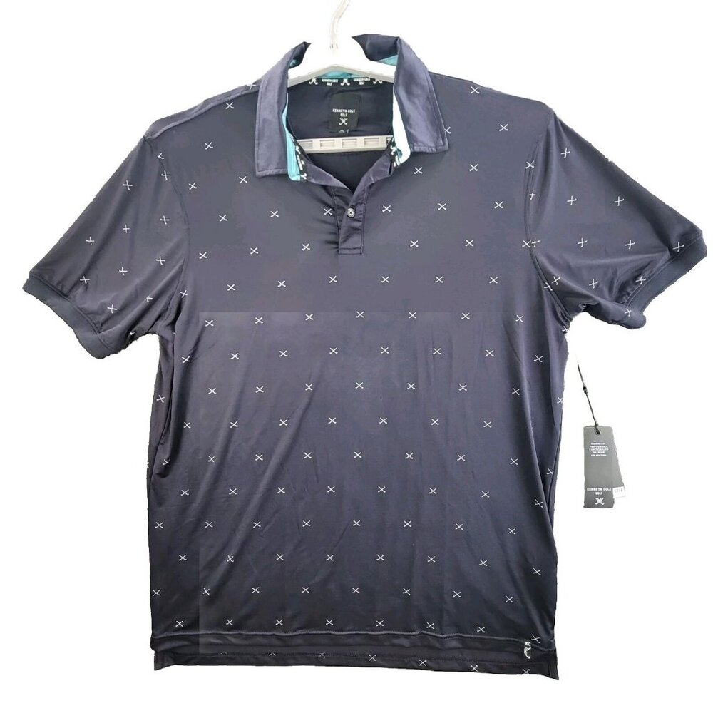 Kenneth Cole Polo Shirt Blue Mens XL Golf Club Print Sports Casual UPF 50+